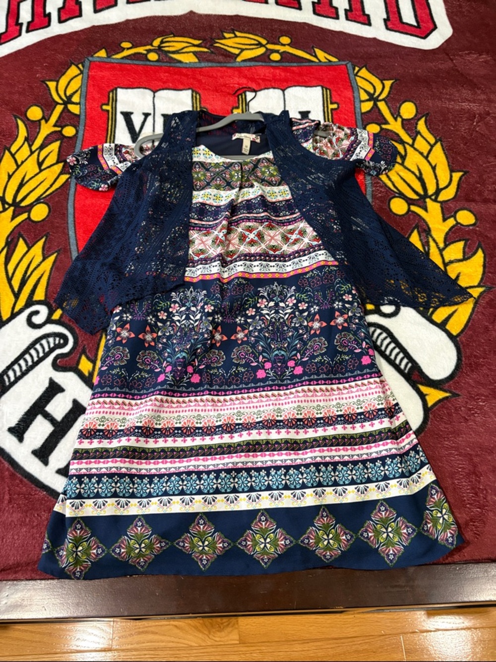Speechless Navy Floral Print Dress with Crochet Overlay